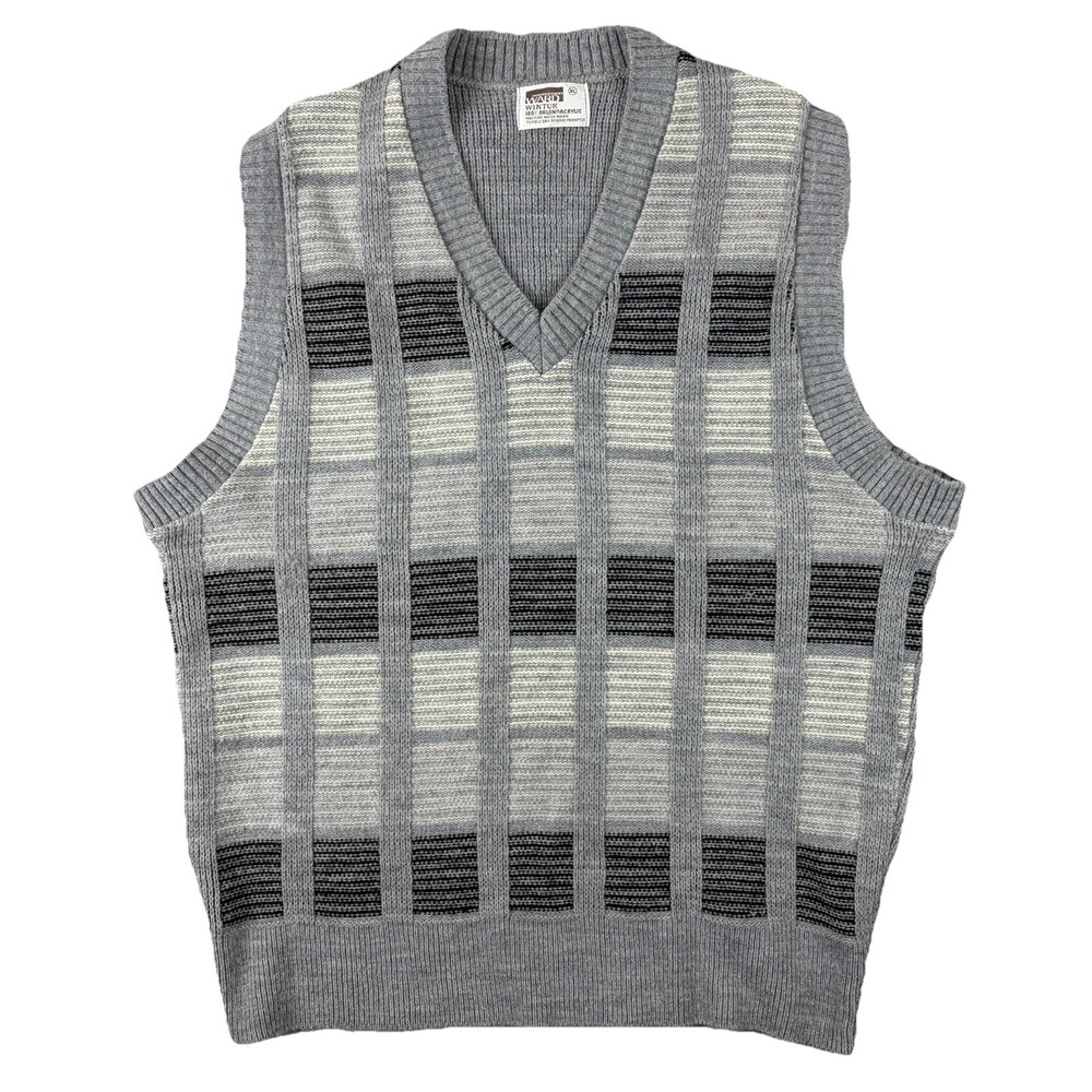 Vtg Montgomery Ward Sweater Vest Mens XL Gray Geometric Knit Grandpa 70s Golf‎